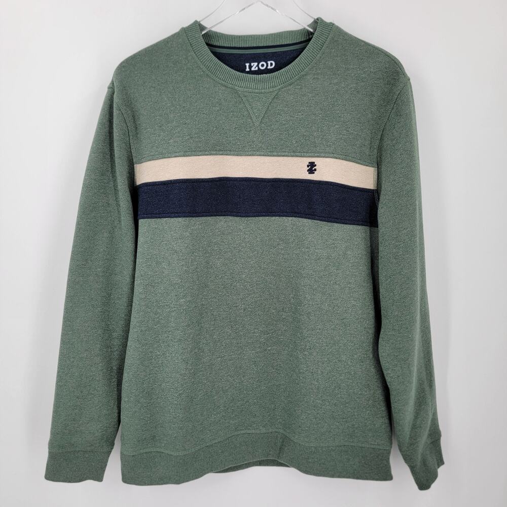 Izod Sweatshirt Mens Large Green Crewneck Striped Advantage Performance Stretch